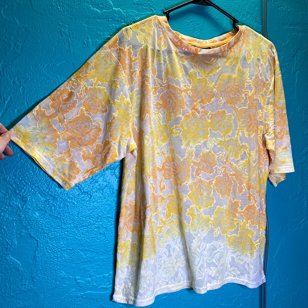 Hand-dyed yellow tie-dye sheer rose pattern tee